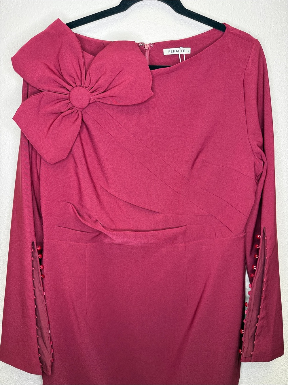 Fehaute Women's Fuchsia Long Sleeve Bow Dress